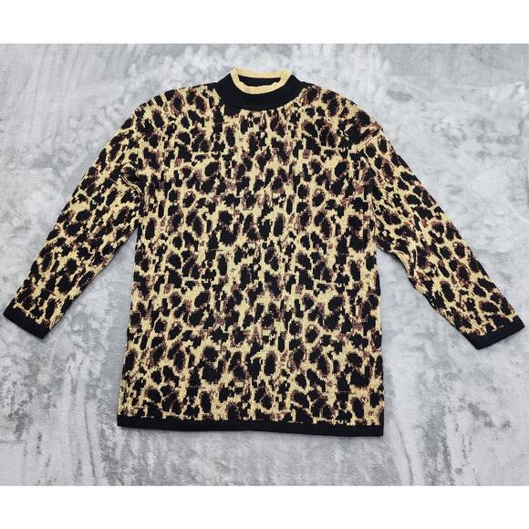 Vintage 80s Nutcracker Mock Neck Sparkle Animal Print Tunic Sweater Size M Knit - Picture 1 of 8